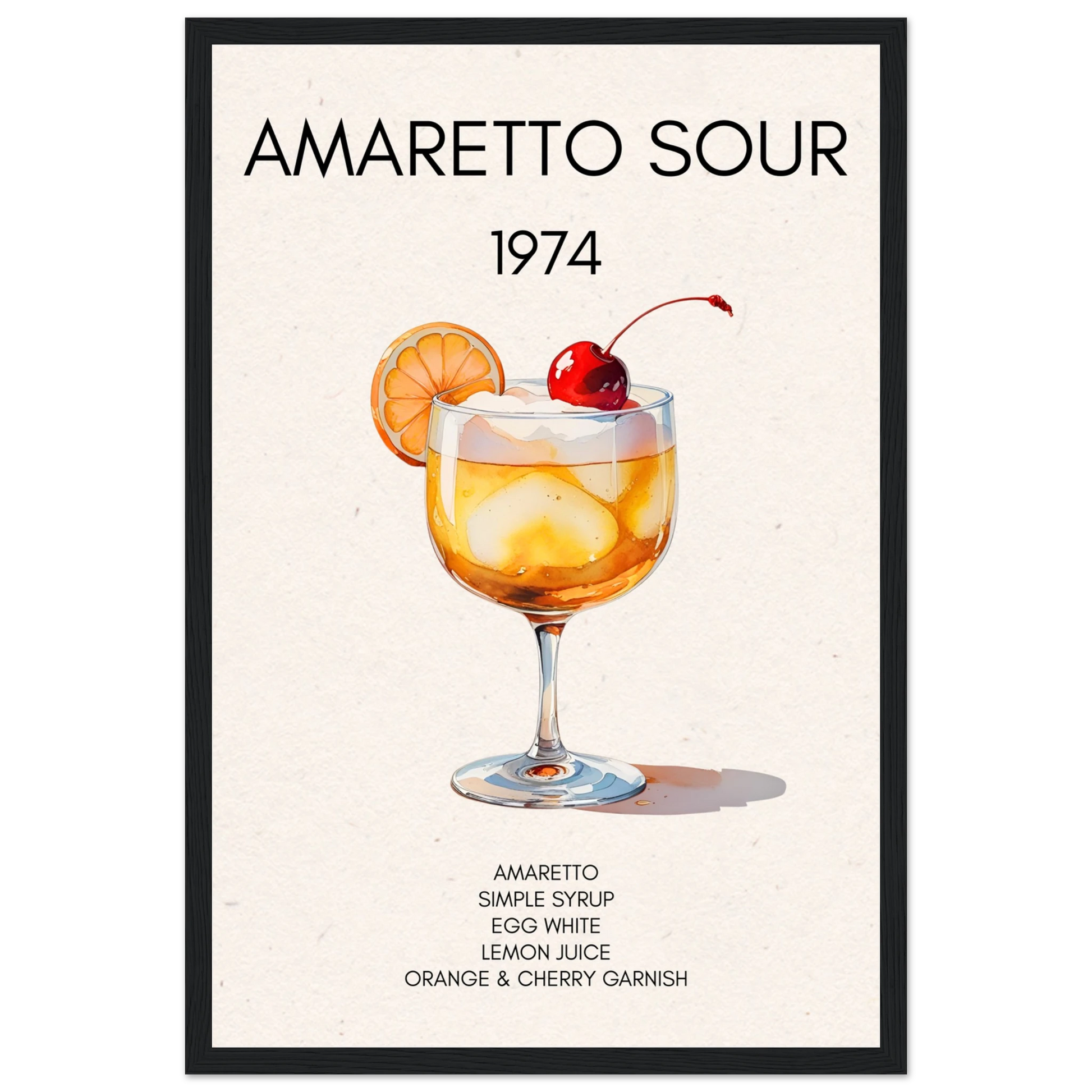 Amaretto Sour Cocktail Bar Art Print Black Wood Frame 30x45 cm 12x18″ Premium Matte Paper Wooden Framed Poster