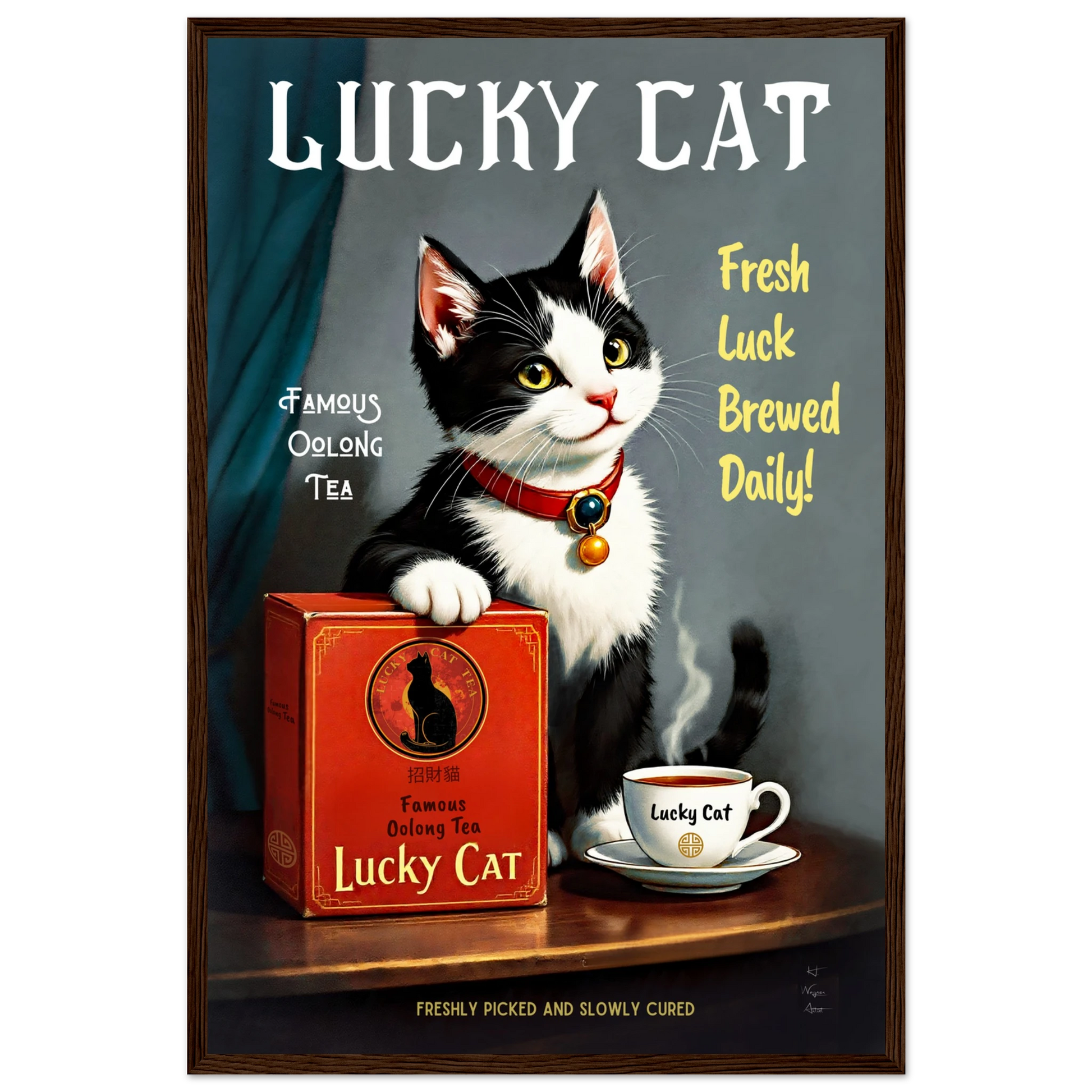 Lucky Tuxedo Cat Tea Kitchen Art Print 40x60 cm 16x24″ Premium Matte Framed Poster Dark Brown Wood Frame