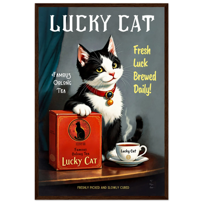 Lucky Tuxedo Cat Tea Kitchen Art Print 40x60 cm 16x24″ Premium Matte Framed Poster Dark Brown Wood Frame