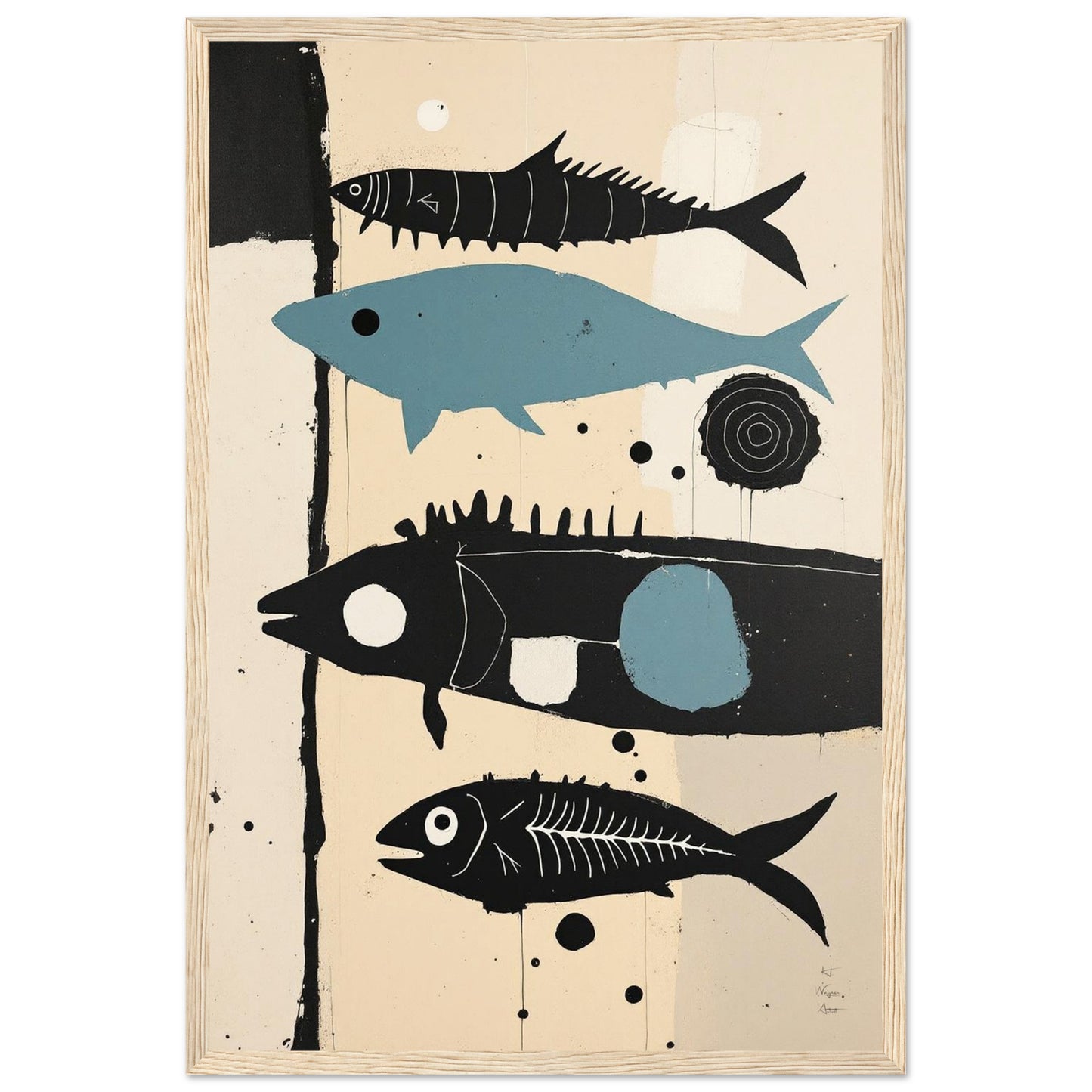 Mid-Century Modern Fish Art Poster Print – Framed Abstract Neutral Wall Decor Black Wood Frame 40x60 cm 16x24″ Framed Canvas