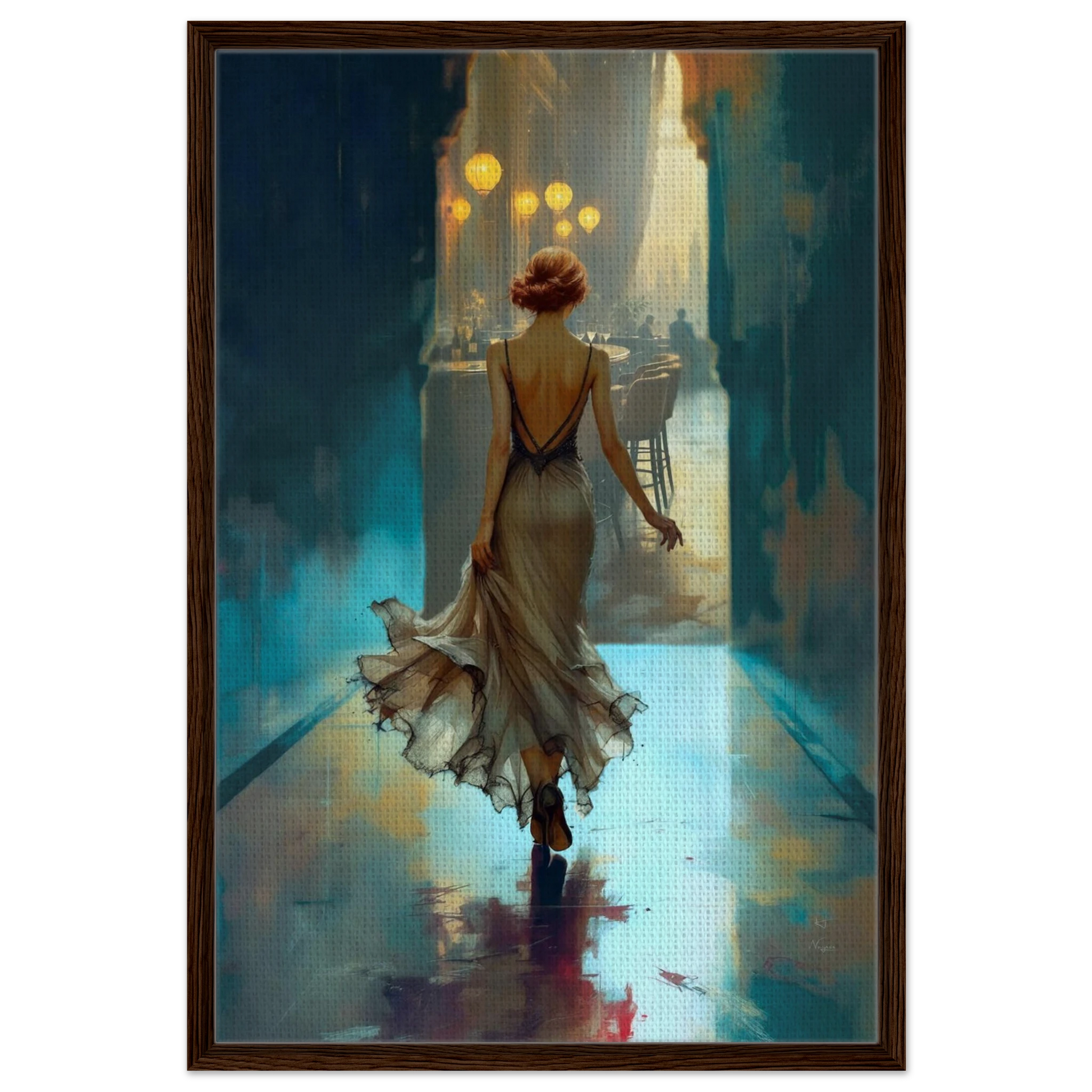 1920's Speakeasy Flapper Lounge Art Print 60x90 cm 24x36″ Framed Canvas Dark Brown Wood Frame