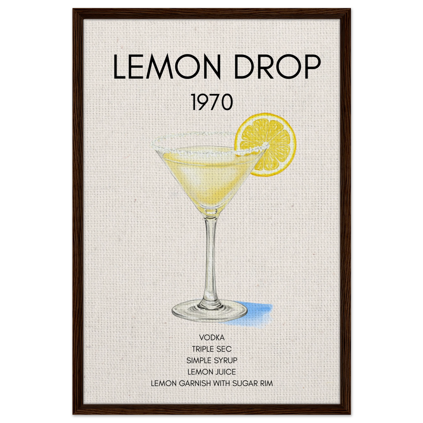 Lemon Drop Martini Cocktail Bar Poster Print Dark Brown Wood Frame 60x90 cm 24x36″ Framed Canvas