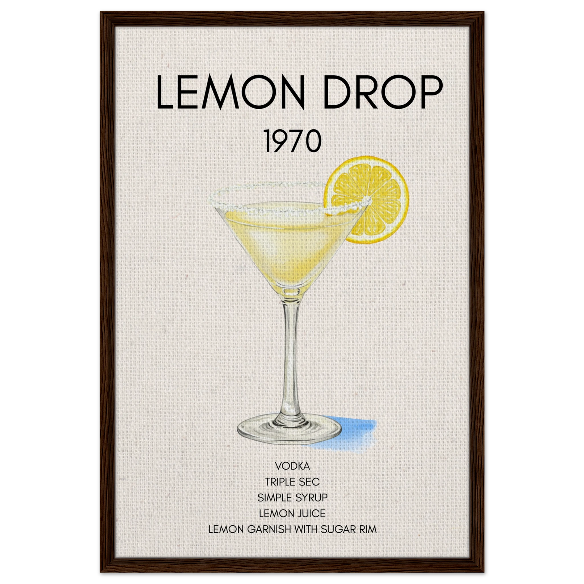 Lemon Drop Martini Cocktail Bar Art Print Dark Brown Wood Frame 60x90 cm 24x36″ Framed Canvas