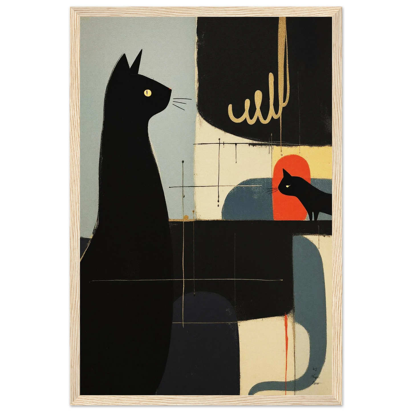 Abstract Cat & Kitten Modern Art Print Light Wood Frame 30x45 cm 12x18″ Museum-Quality Matte Framed Poster
