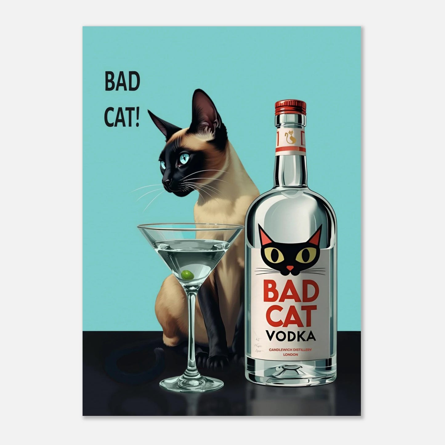 Siamese Cat Retro Martini Cocktail Bar Art Print No Frame 50x70 cm 20x28″ Museum-Quality Matte Paper Poster