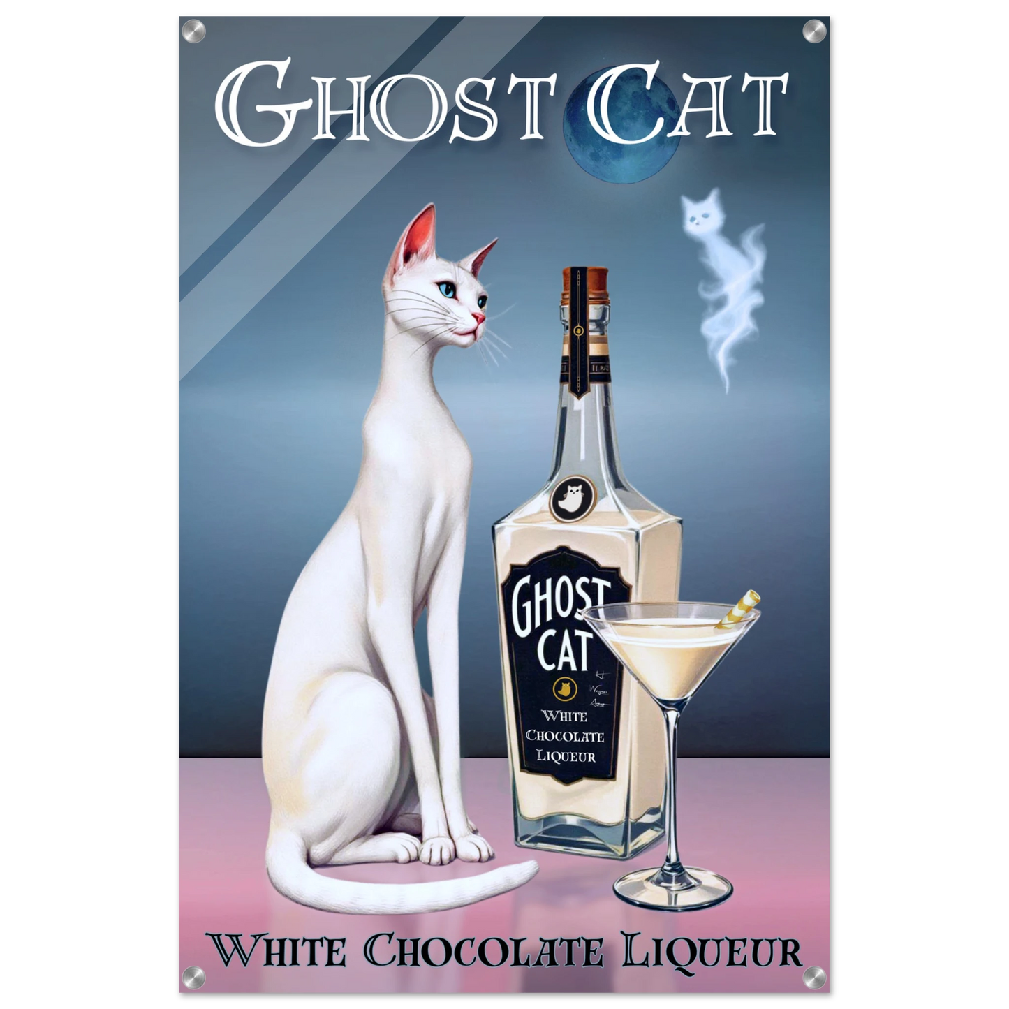White Cat Martini Cocktail Bar Art Print 60x90 cm 24x36″ Sleek Acrylic Print No Frame