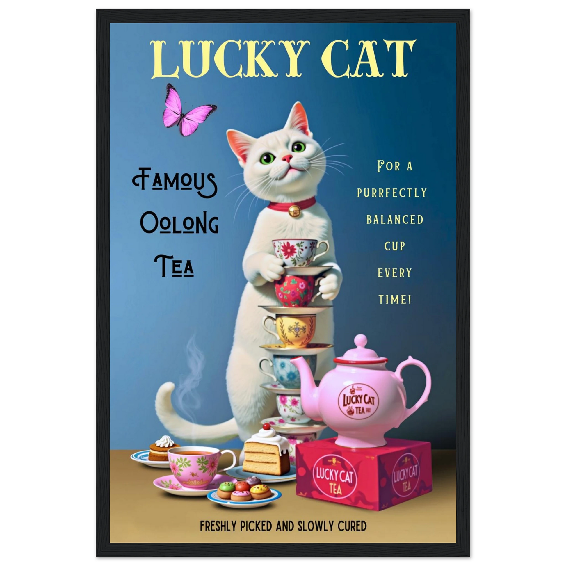 White Lucky Cat Tea Vintage Fine Art Print Black Wood Frame 30x45 cm 12x18″ Premium Matte Paper Wooden Framed Poster