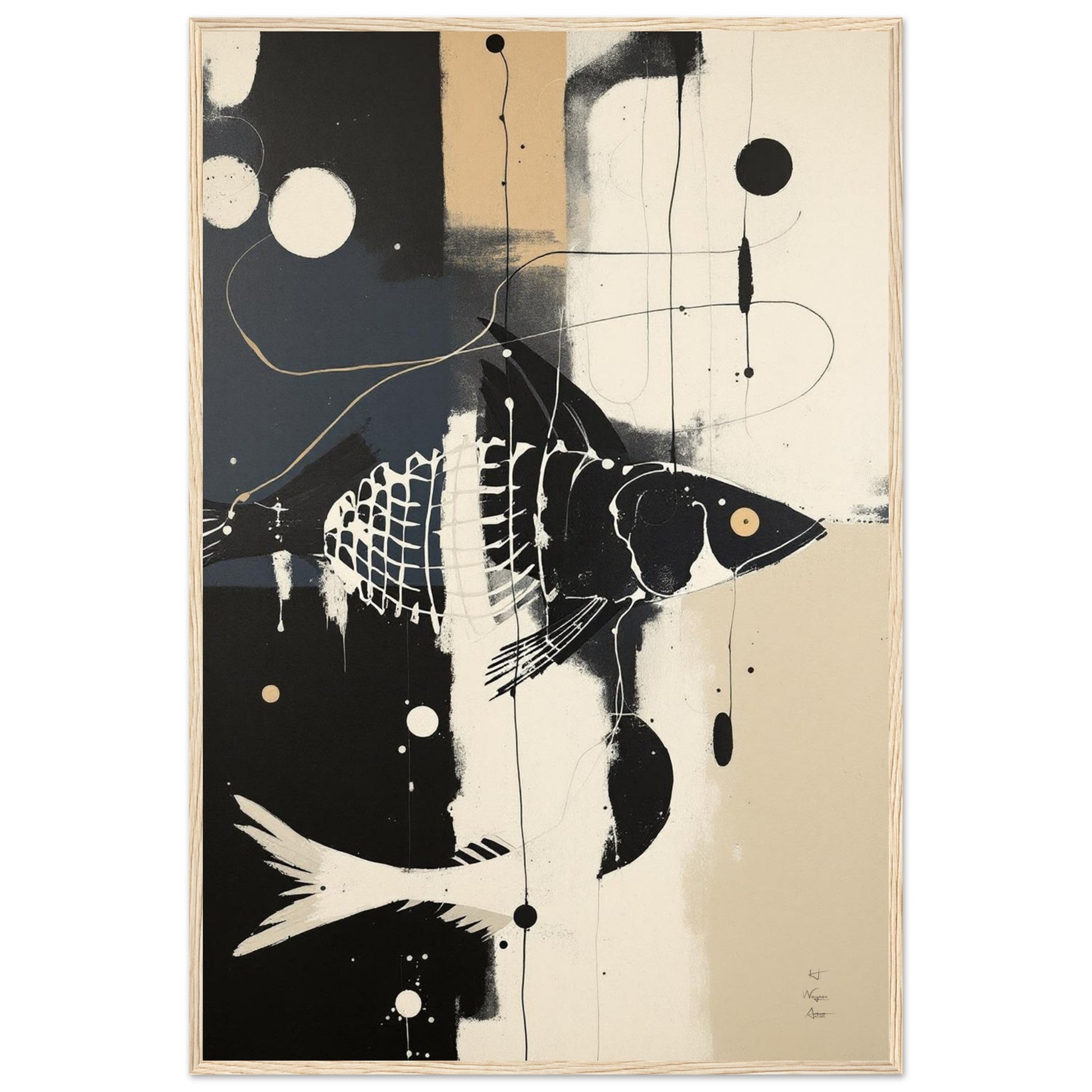 Abstract Fish Art Poster Print – Framed Modern Neutral Wall Décor Light Wood Frame 60x90 cm 24x36″ Classic Matte Framed Poster