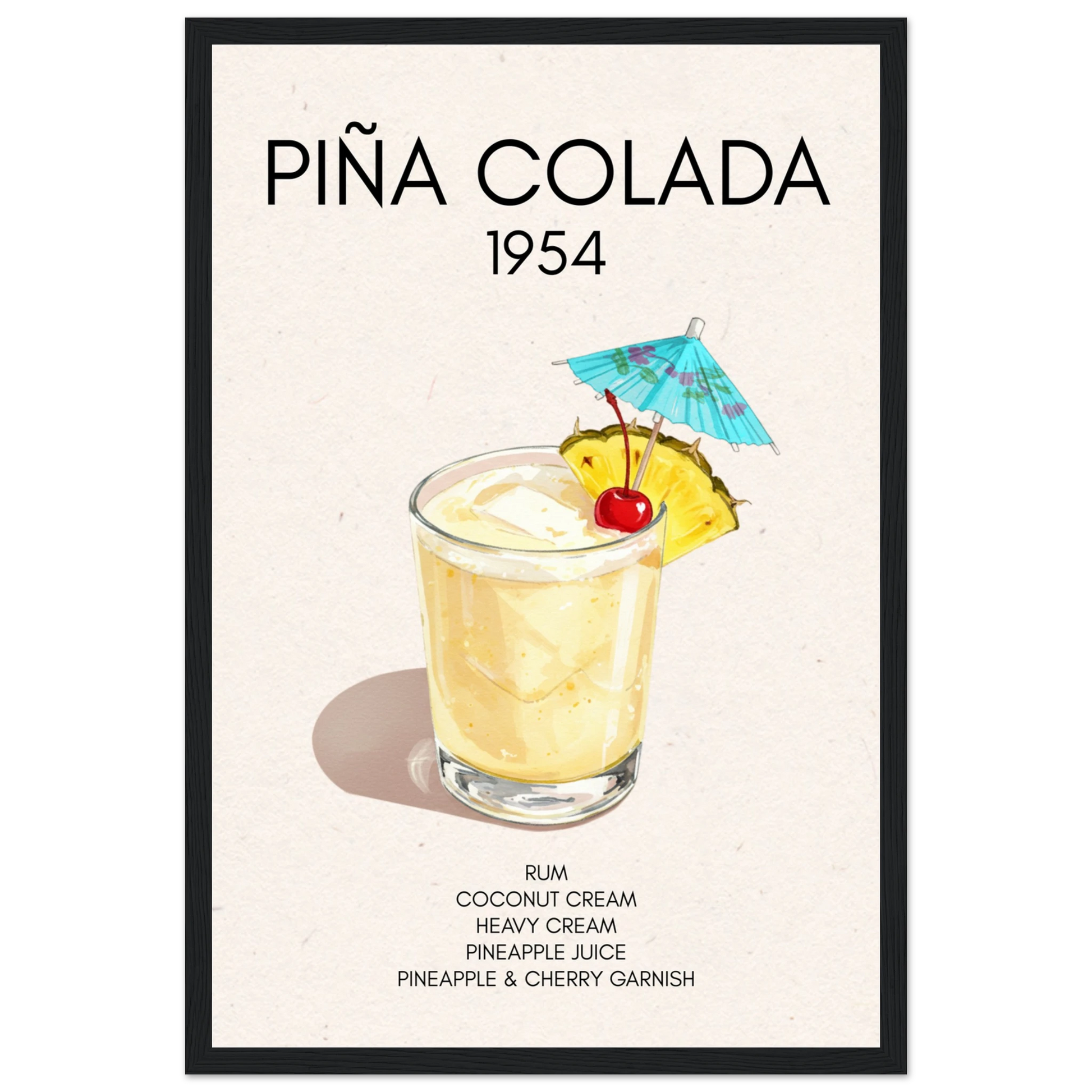 Pina Colada Cocktail Bar Poster Print Black Wood Frame 30x45 cm 12x18″ Classic Matte Paper Wooden Framed Poster