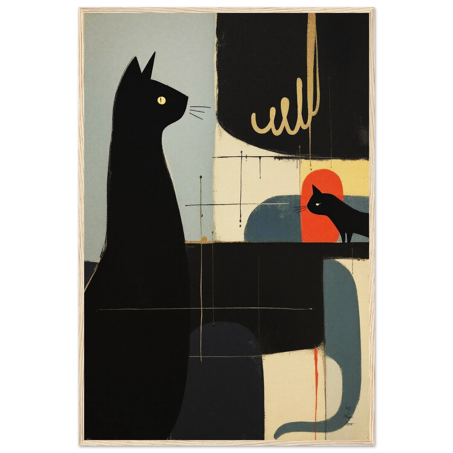 Abstract Cat & Kitten Modern Art Print Light Wood Frame 60x90 cm 24x36″ Museum-Quality Matte Framed Poster