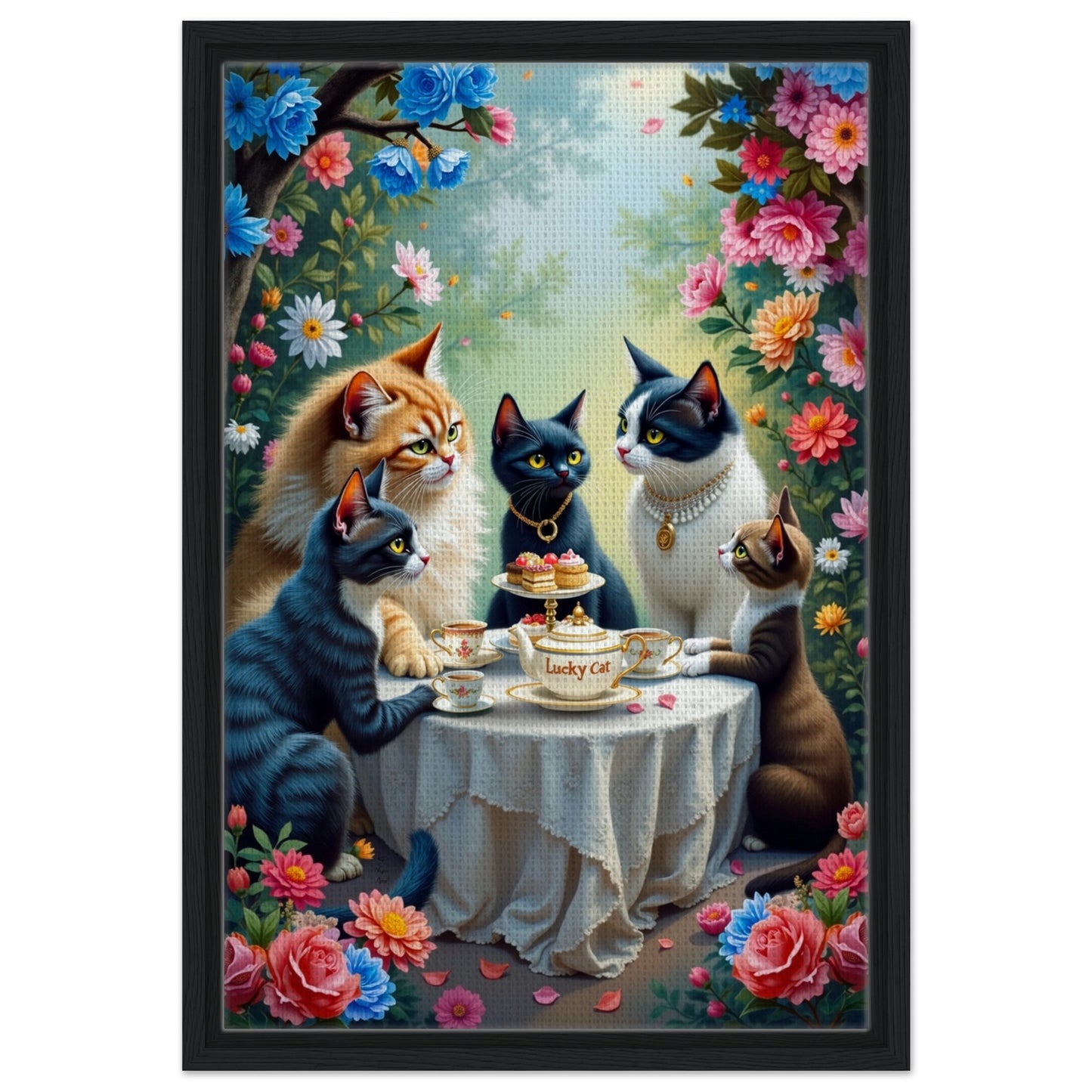 Lucky Cat Garden Tea Party Kitchen Art Print Black Wood Frame 40x60 cm 16x24″ Framed Canvas