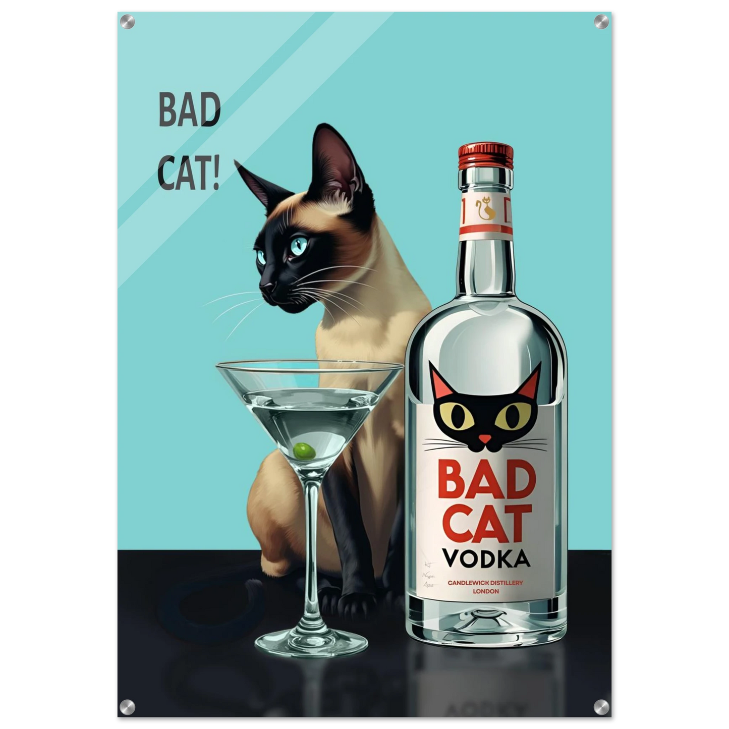 Siamese Cat Retro Martini Cocktail Bar Art Print No Frame 70x100 cm 28x40″ Sleek Acrylic Print