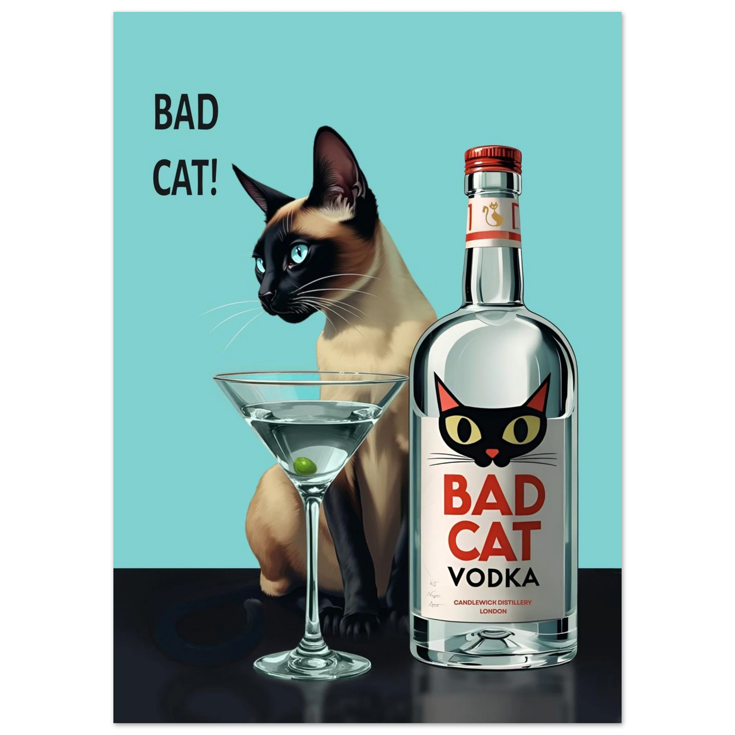 Siamese Cat Retro Martini Cocktail Bar Art Print No Frame 50x70 cm 20x28″ Premium Matte Paper Poster