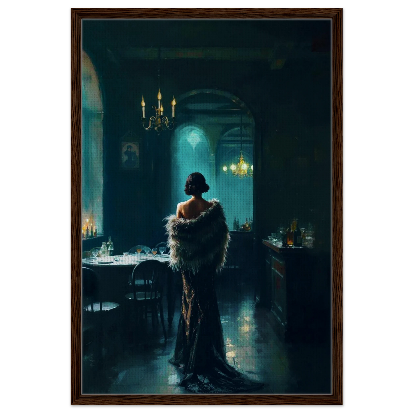 Moody Speakeasy Flapper Bar Art Print Dark Brown Wood Frame 60x90 cm 24x36″ Framed Canvas