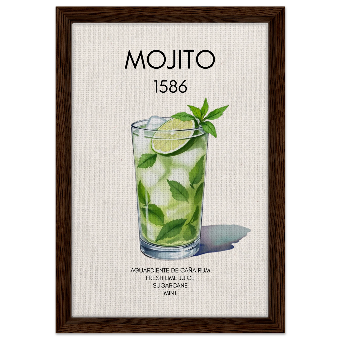 Mojito Cocktail Bar Poster Print Dark Brown Wood Frame 30x45 cm 12x18″ Framed Canvas