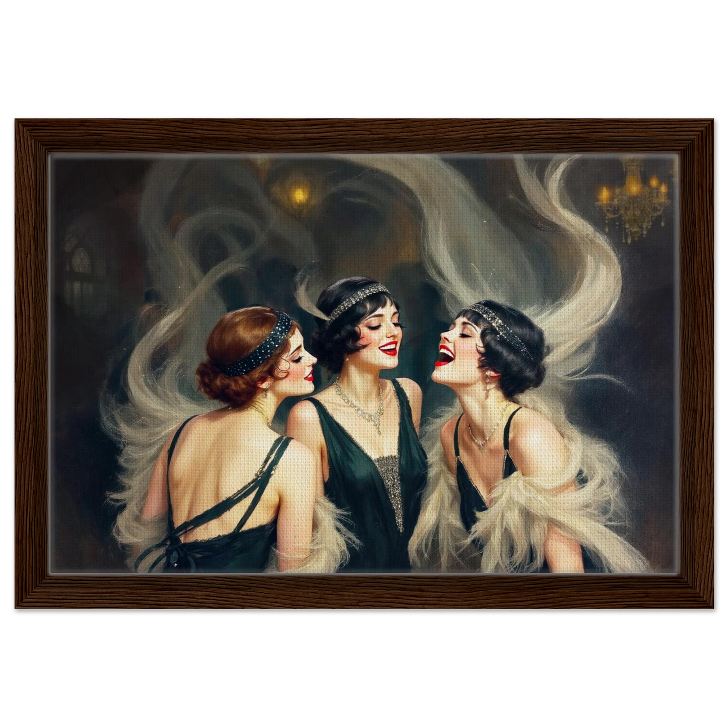 Flapper Girls Speakeasy Gatsby Art Print Dark Brown Wood Frame 30x45 cm 12x18″ Framed Canvas
