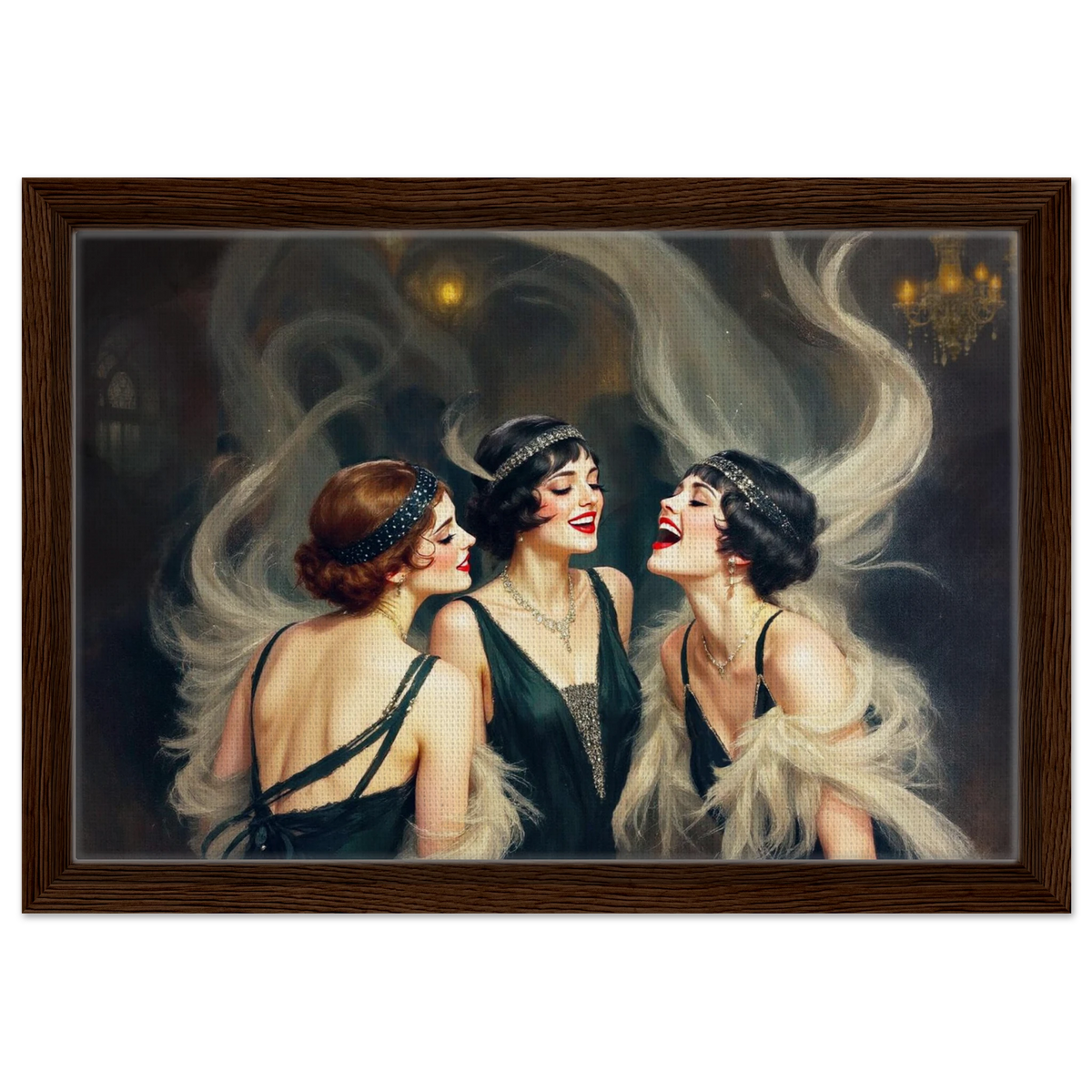 Flapper Girls Speakeasy Gatsby Art Print 30x45 cm 12x18″ Framed Canvas Dark Brown Wood Frame