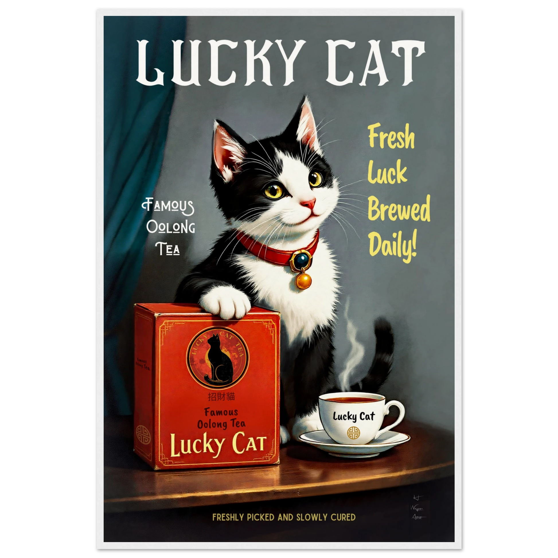 Lucky Tuxedo Cat Tea Kitchen Art Print 60x90 cm 24x36″ Museum-Quality Matte Framed Poster White Wood Frame
