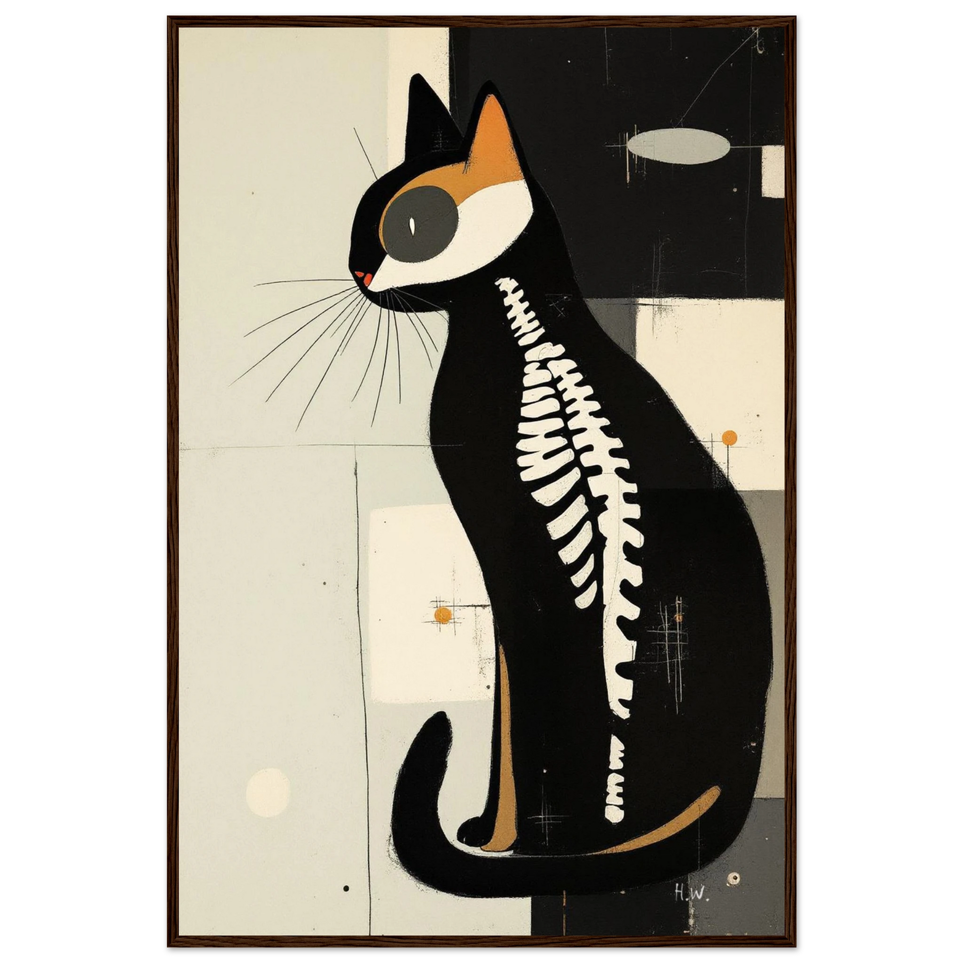 Modern Cat Skeleton Abstract Art Poster Print Dark Brown Wood Frame 60x90 cm 24x36″ Premium Matte Paper Wooden Framed Poster