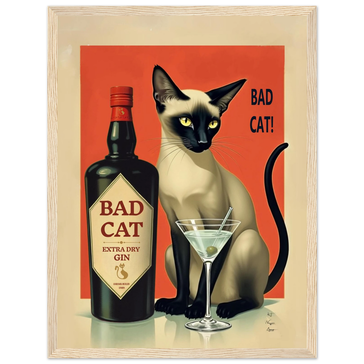 Siamese Cat Gin Martini Cocktail Art Print 30x40 cm 12x16″ Premium Matte Paper Wooden Framed Poster Light Wood Frame