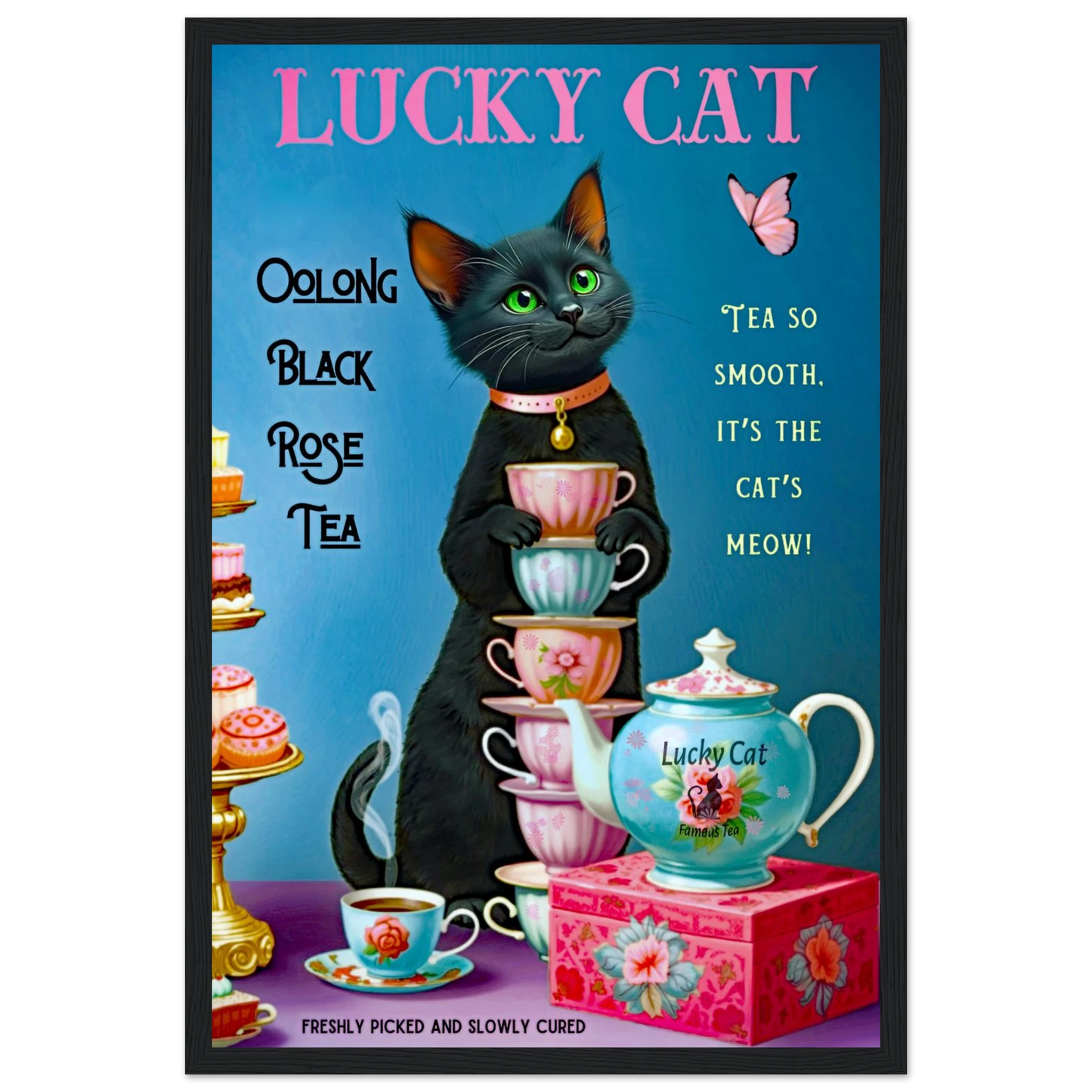 Lucky Cat Vintage Oolong Tea Art Print 30x45 cm 12x18″ Premium Matte Paper Wooden Framed Poster Black Wood frame