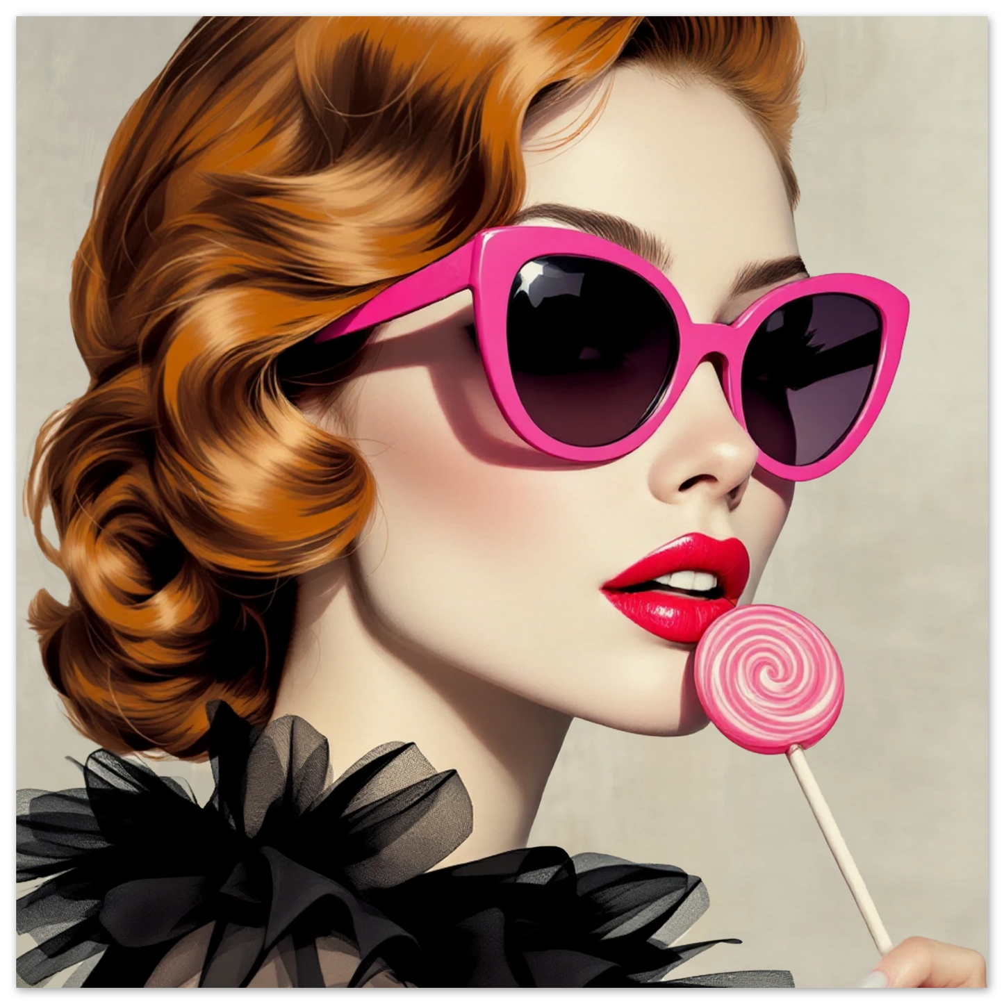 Retro Glam Fashion Model Lollipop Art Print Museum-Quality Matte Paper Poster 40x40 cm 16x16″