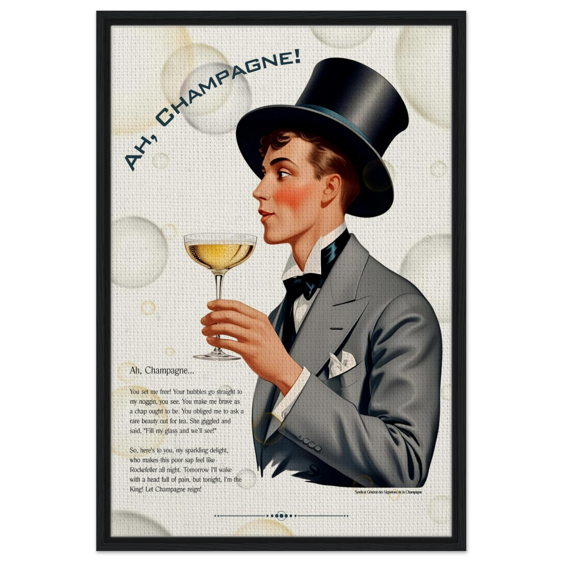 Art Deco Champagne Funny Poem Art Print 60x90 cm 24x36″ Framed Canvas Black frame