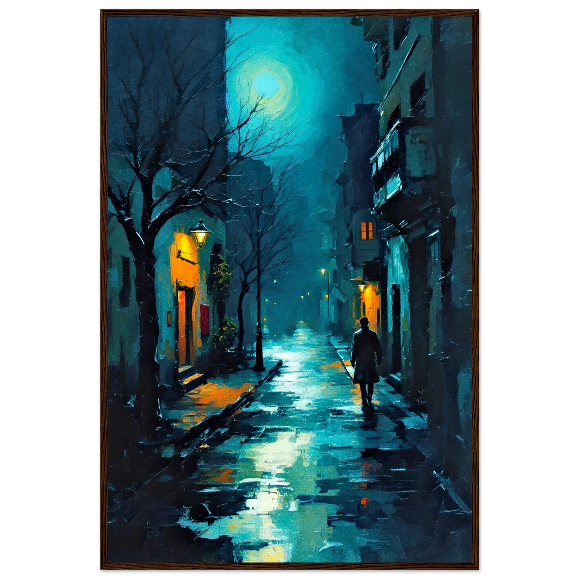 Blue Moon Night Street Scene Art Print 60x90 cm 24x36″ Classic Matte Framed Poster Dark Brown Wood Frame