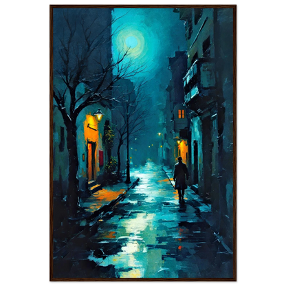 Blue Moon Night Street Scene Art Print 60x90 cm 24x36″ Classic Matte Framed Poster Dark Brown Wood Frame