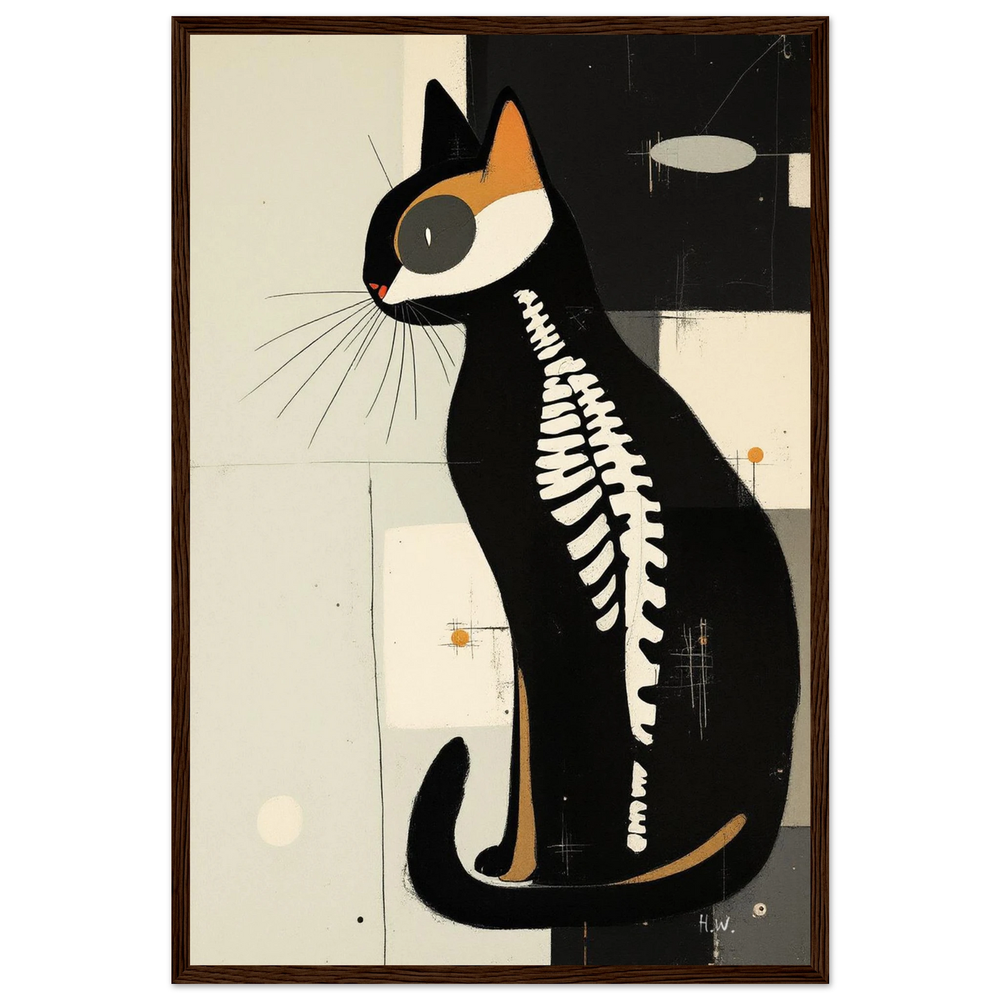 Modern Cat Skeleton Abstract Art Poster Print Dark Brown Wood Frame 40x60 cm 16x24″ Premium Matte Paper Wooden Framed Poster