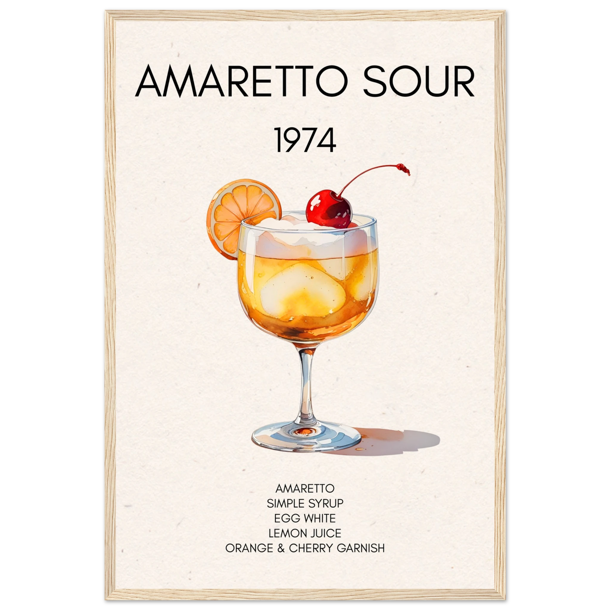 Amaretto Sour Cocktail Bar Art Print Light Wood Frame 40x60 cm 16x24″ Premium Matte Paper Wooden Framed Poster