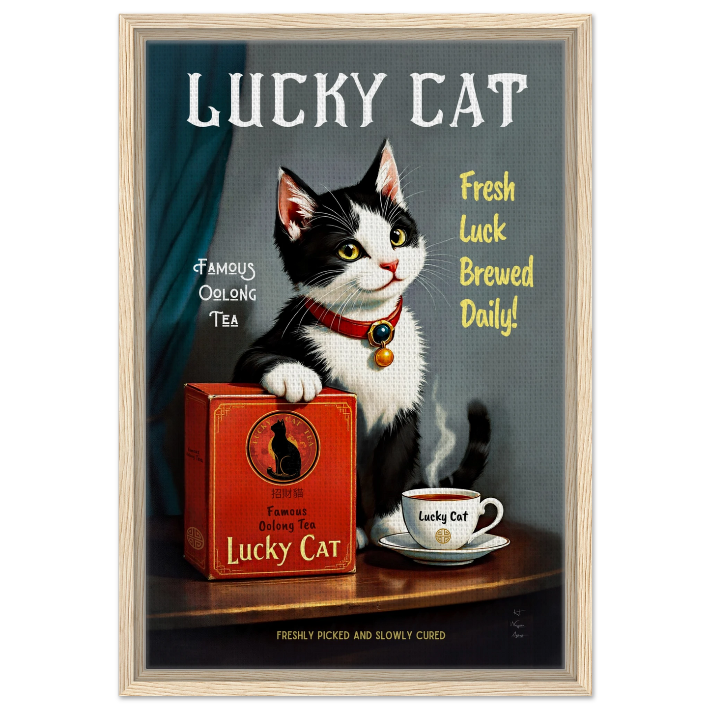 Lucky Tuxedo Cat Tea Kitchen Art Print 40x60 cm 16x24″ Framed Canvas Light Wood Frame