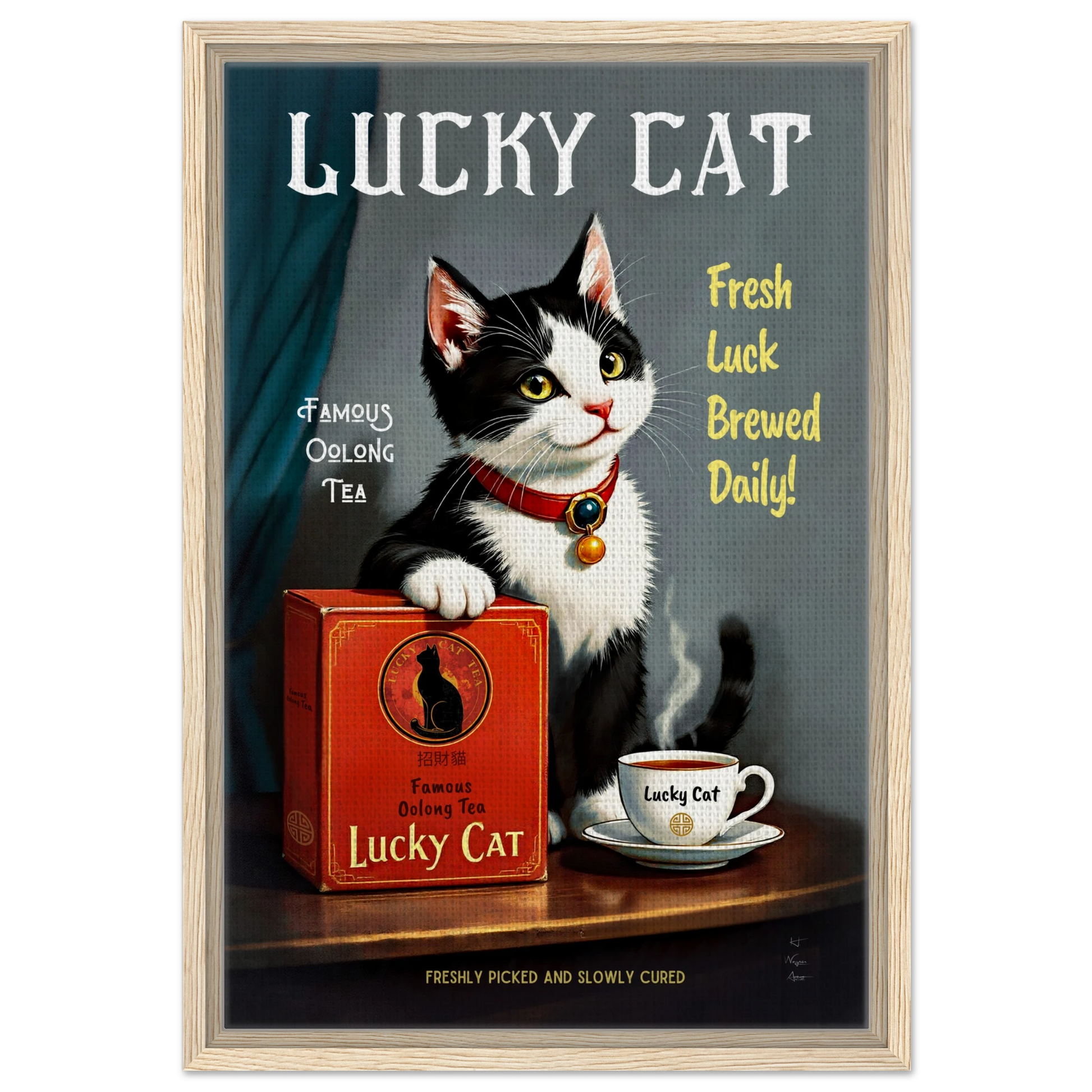 Lucky Tuxedo Cat Tea Kitchen Art Print 40x60 cm 16x24″ Framed Canvas Light Wood Frame