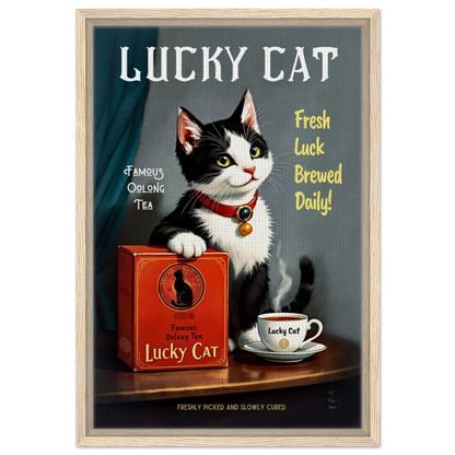 Lucky Tuxedo Cat Tea Kitchen Art Print 40x60 cm 16x24″ Framed Canvas Light Wood Frame