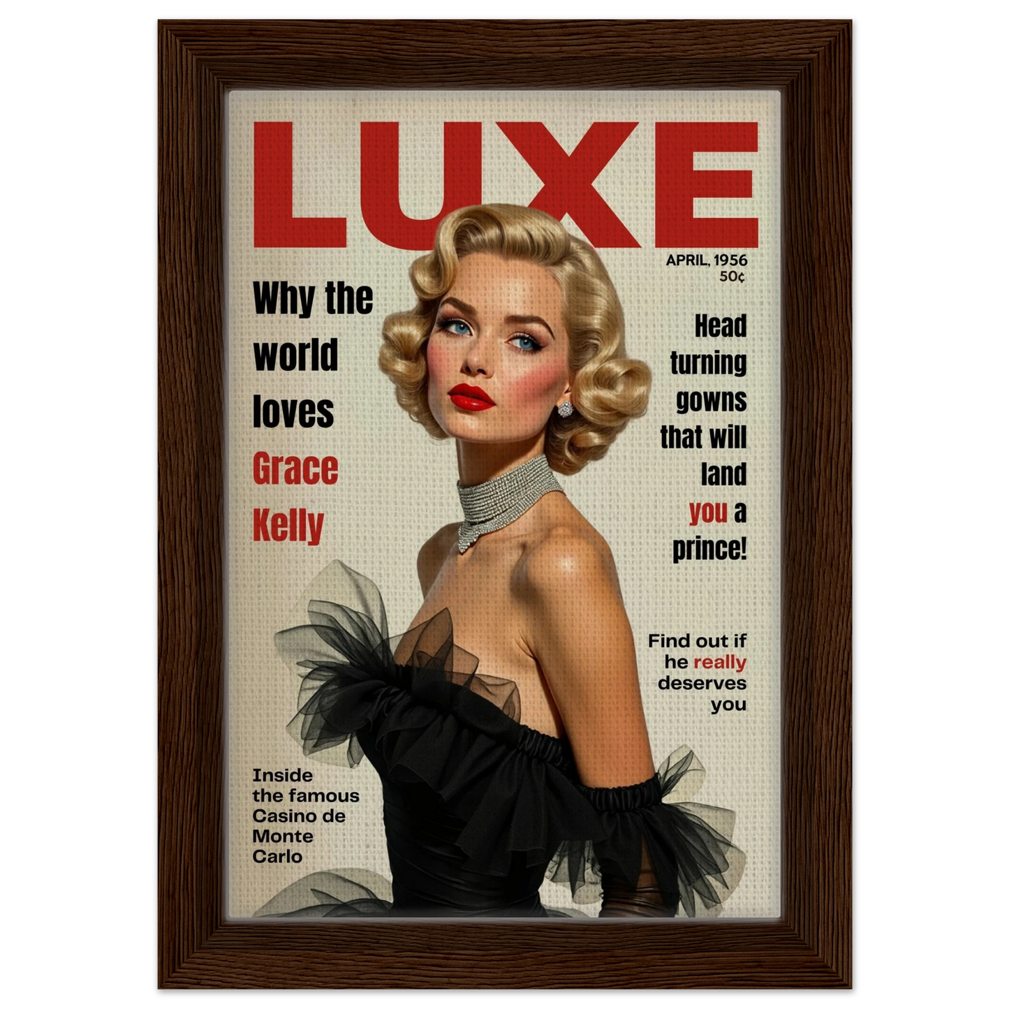 Grace Kelly Hollywood Glam Magazine Art Print Dark Brown Wood Frame 20x30 cm 8x12″ Framed Canvas
