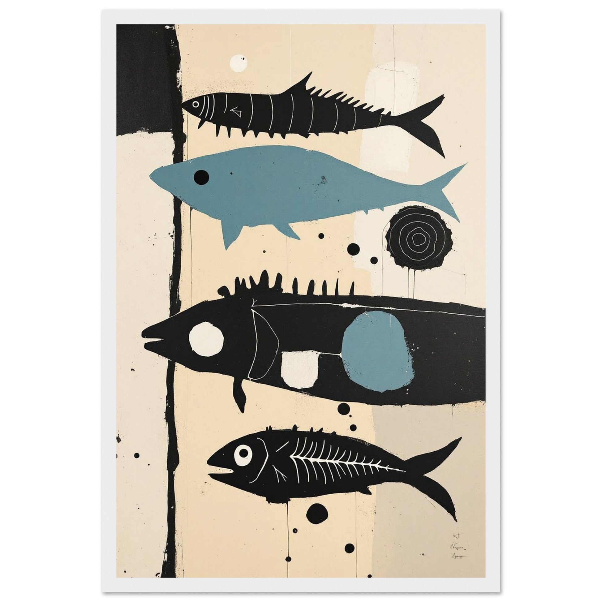 Mid-Century Modern Fish Art Poster Print – Framed Abstract Neutral Wall Decor White Wood Frame 30x45 cm 12x18″ Premium Matte Wooden Framed Poster