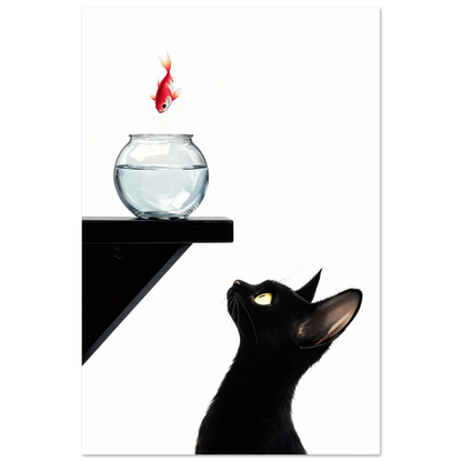 Curious Black Cat Goldfish Minimalist Art Print 30x45 cm 12x18″ Premium Matte Poster