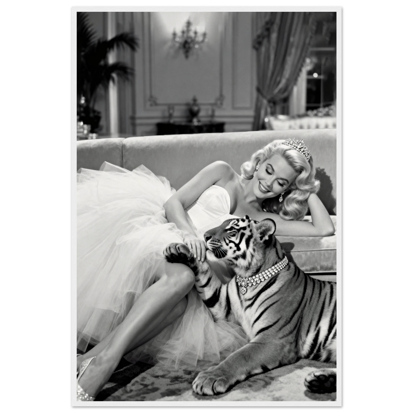 Vintage Hollywood Starlet Tiger Art Print 60x90 cm 24x36″ Museum-Quality Matte Framed Poster - White Wood