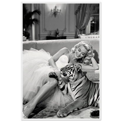 Vintage Hollywood Starlet Tiger Art Print 60x90 cm 24x36″ Museum-Quality Matte Framed Poster - White Wood