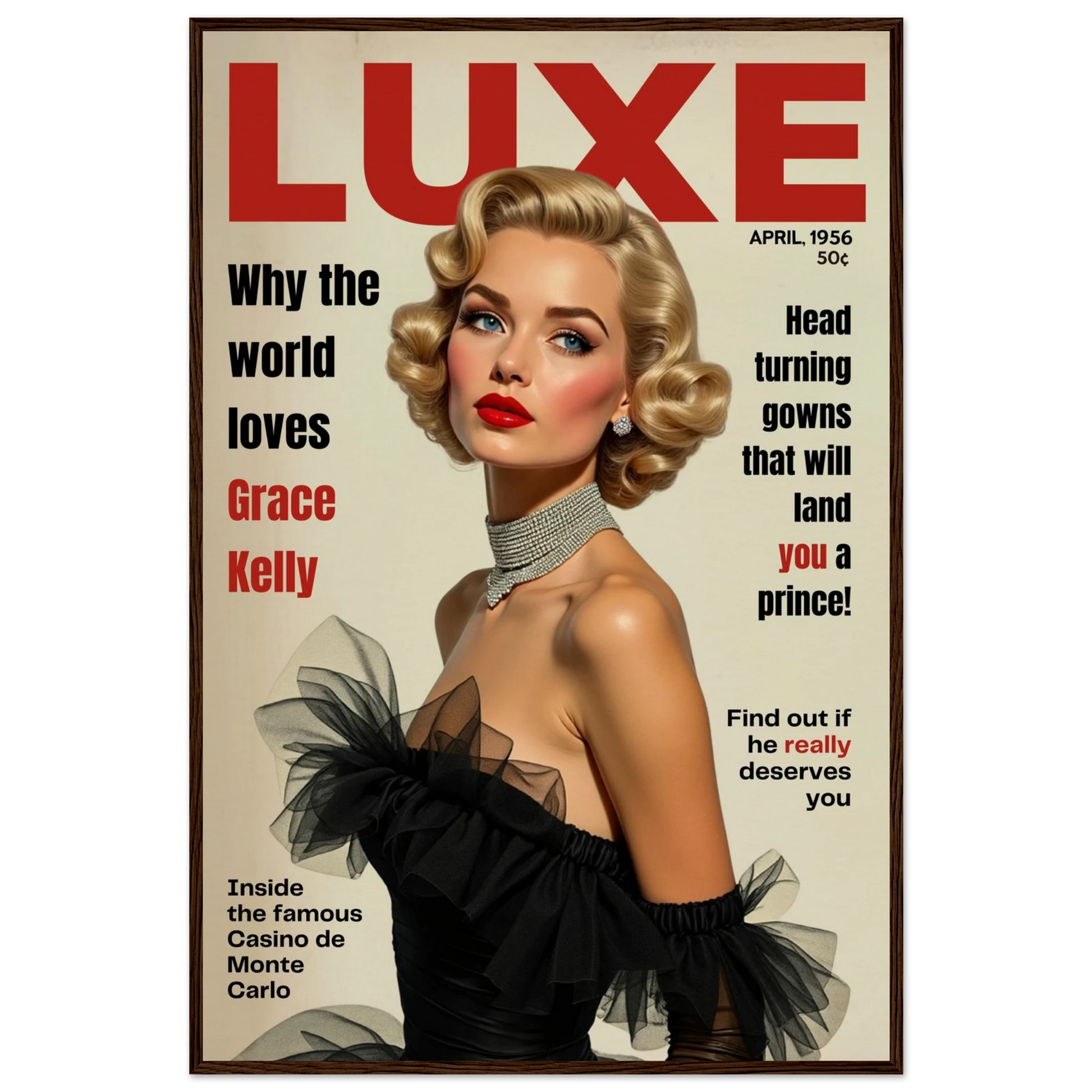 Grace Kelly Hollywood Glam Magazine Art Print Dark Brown Wood Frame 60x90 cm 24x36″ Museum-Quality Matte Framed Poster