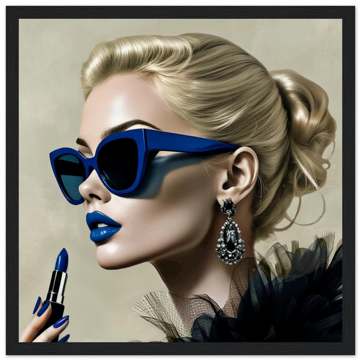 Retro Fashion Model Blue Lipstick Art Print 30x30 cm 12x12″ Museum-Quality Matte Paper Wooden Framed Poster