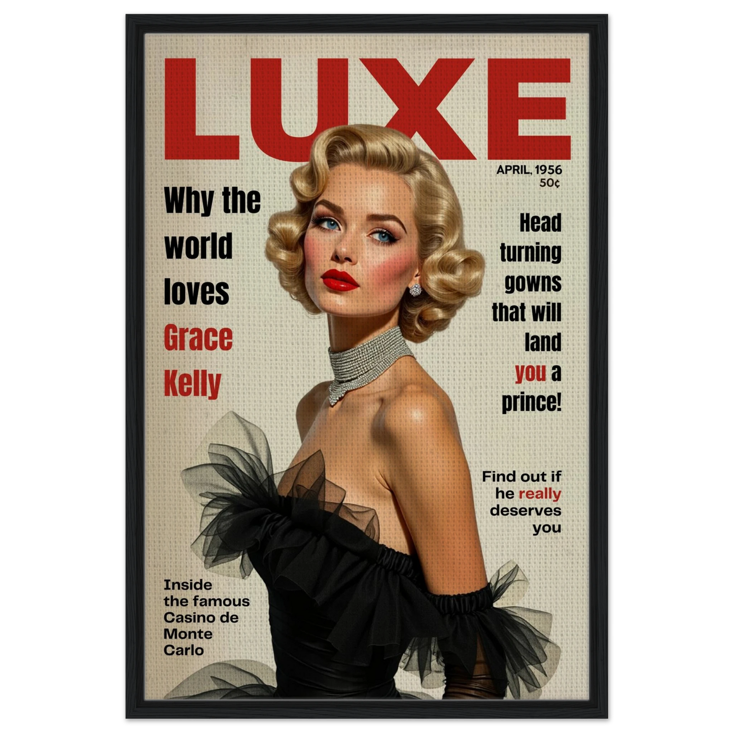 Grace Kelly Hollywood Glam Magazine Art Print Black Wood frame 60x90 cm 24x36″ Framed Canvas