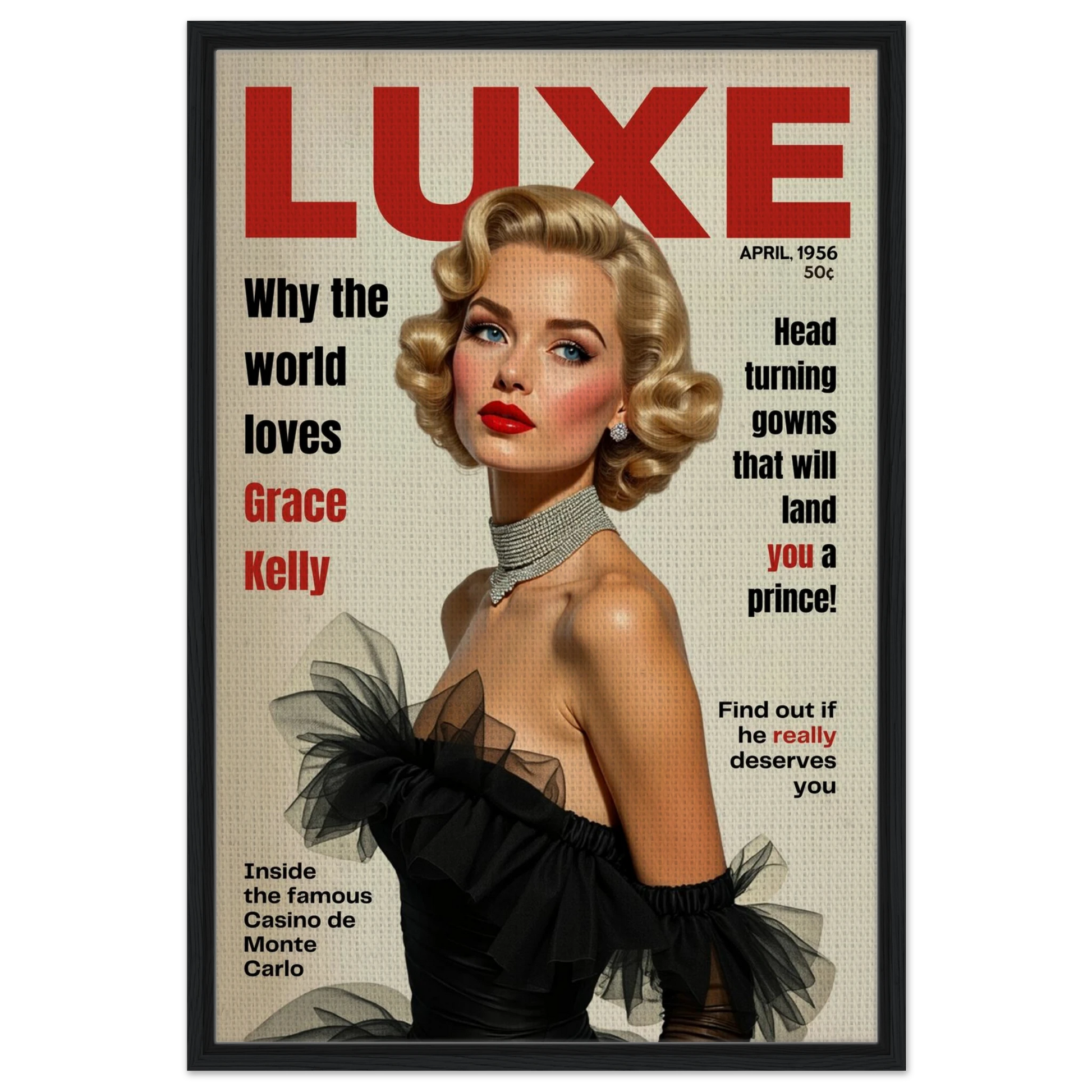 Grace Kelly Hollywood Glam Magazine Art Print Black Wood frame 60x90 cm 24x36″ Framed Canvas