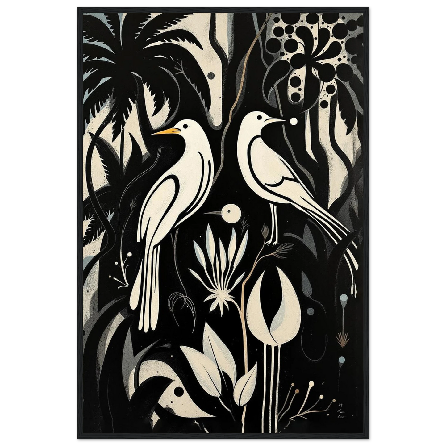 Black & White Minimalist Bird Art Print Black Wood Frame 60x90 cm 24x36″ Premium Matte Paper Wooden Framed Poster