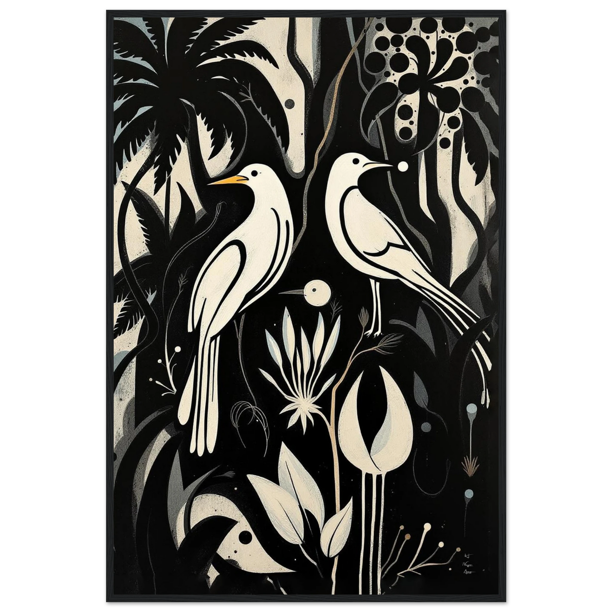 Black & White Minimalist Bird Art Print Black Wood Frame 60x90 cm 24x36″ Premium Matte Paper Wooden Framed Poster