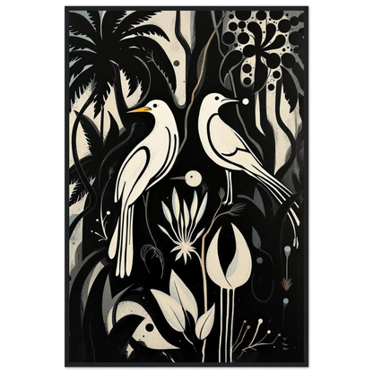 Black & White Minimalist Bird Art Print Black Wood Frame 60x90 cm 24x36″ Premium Matte Paper Wooden Framed Poster