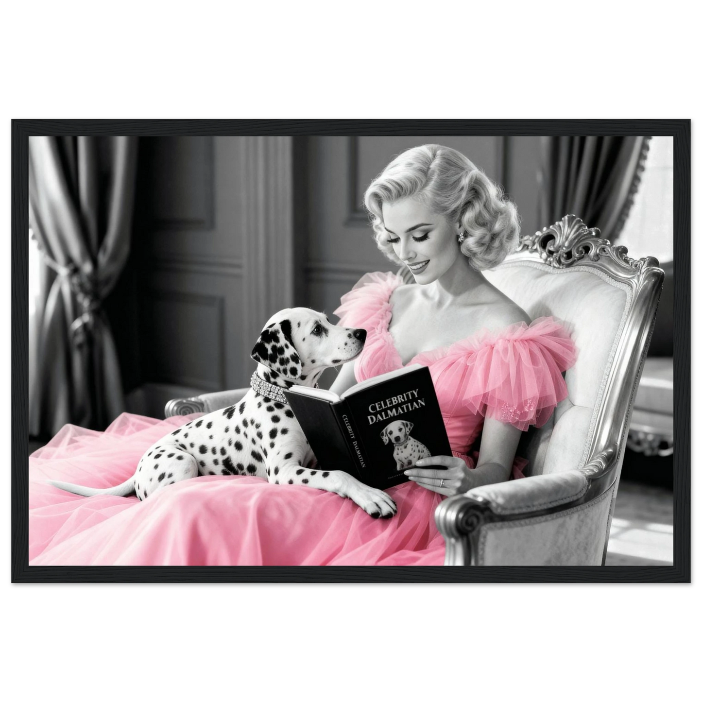 Hollywood Starlet Dalmatian Puppy Art Print 30x45 cm 12x18″ Classic Matte Framed Poster - Black Wood