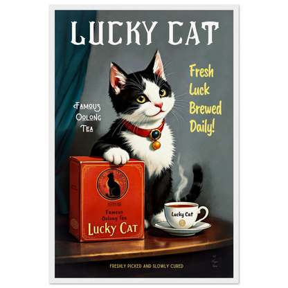 Lucky Tuxedo Cat Tea Kitchen Art Print 40x60 cm 16x24″ Museum-Quality Matte Framed Poster White Wood Frame