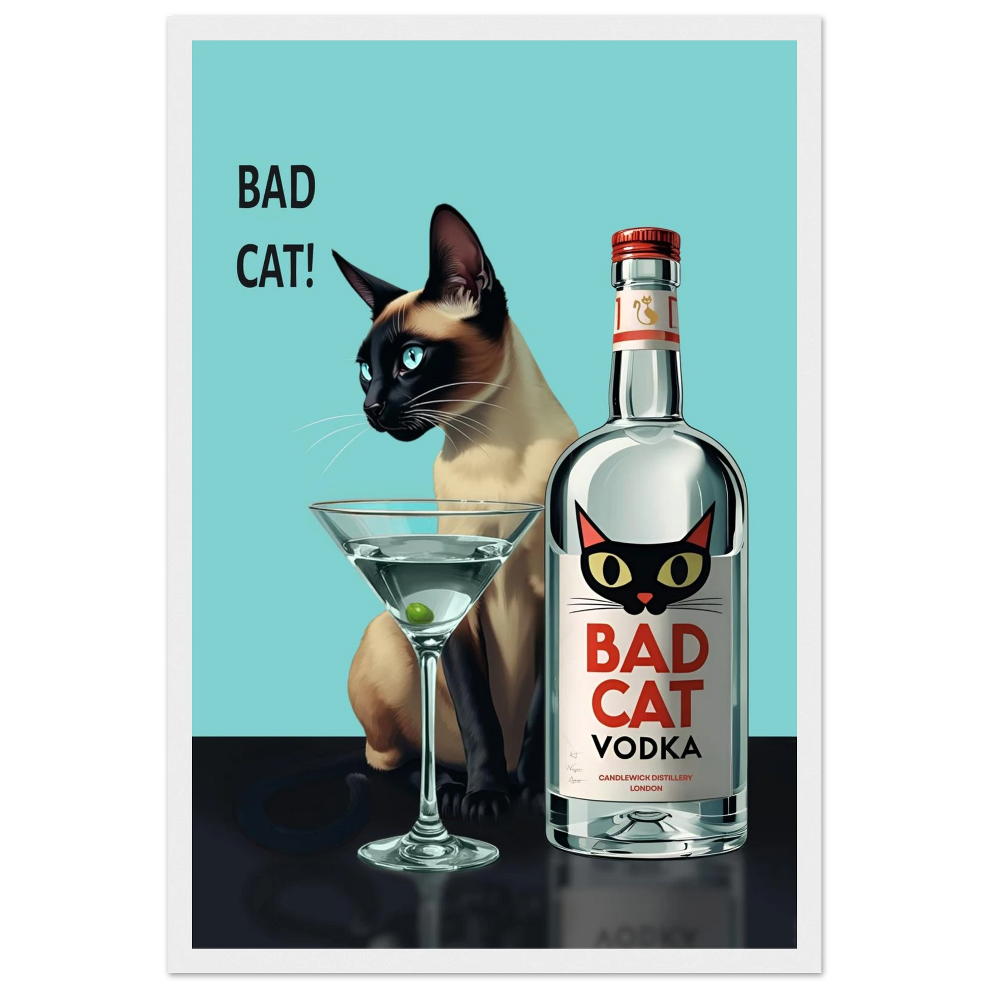 Siamese Cat Retro Martini Cocktail Bar Art Print White Wood Frame 30x45 cm 12x18″ Premium Matte Paper Wooden Framed Poster