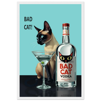 Siamese Cat Retro Martini Cocktail Bar Art Print White Wood Frame 30x45 cm 12x18″ Premium Matte Paper Wooden Framed Poster